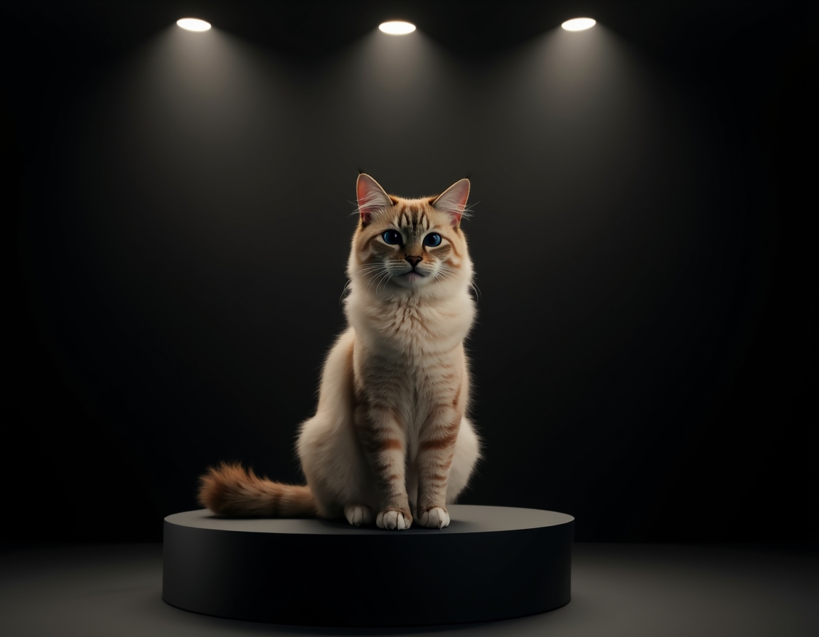 Photorealistic studio portrait of cat sitting elegantly on a black podium under a bright spotlight.
